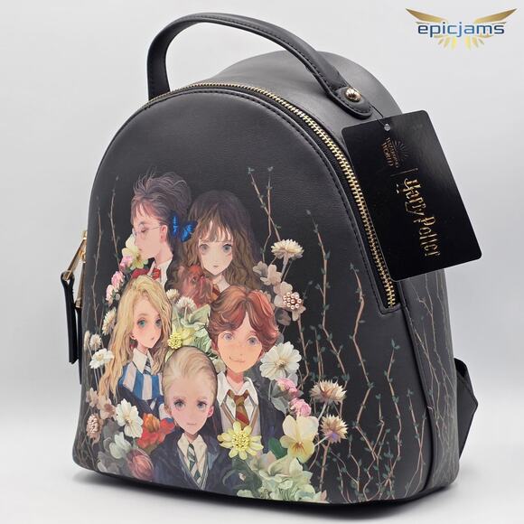Harry Potter Characters Floral Botanical Group Portrait Black Mini Backpack Bag - Picture 2 of 4
